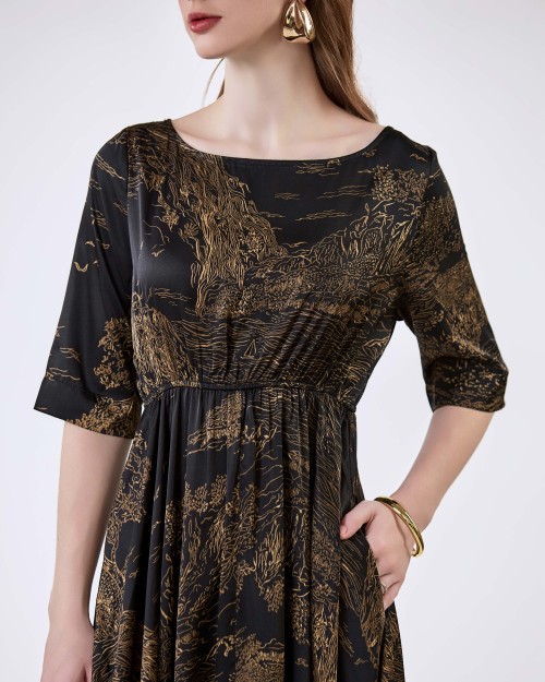 SIXDO G-Black Wide Neck Woven Flared Dress